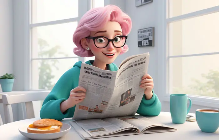 Girl Reading Newspaper with Breakfast 3D Character Illustration